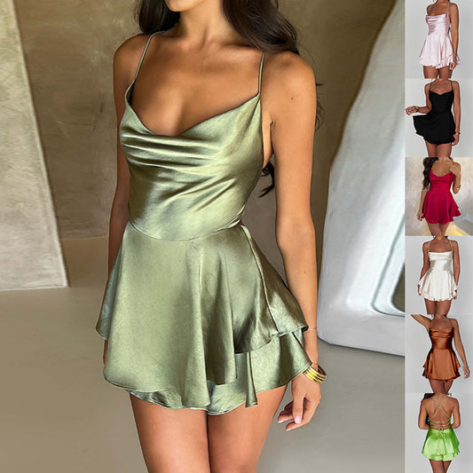 Sexy Suspender Skirt For Women Elegant Slim Strap Satin Backless Lace Up A-Line Short Dress Lady - triglobletrade