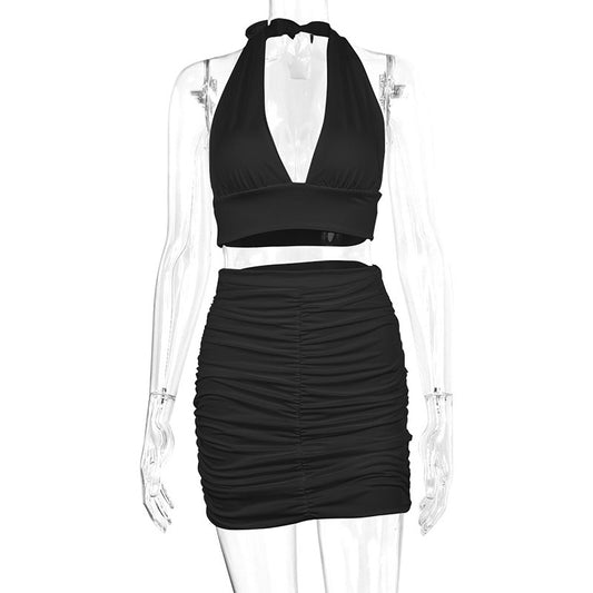 2pcs Dress Suits For Women Halter Lace-up Hip Top And Pleated Hip-covering Skirt - ModeMist