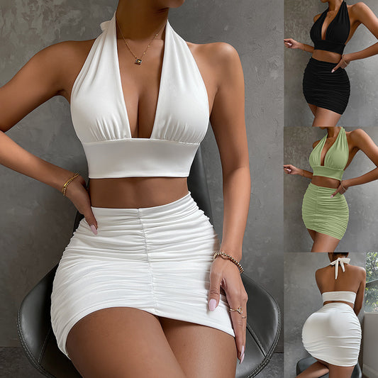 2pcs Dress Suits For Women Halter Lace-up Hip Top And Pleated Hip-covering Skirt - ModeMist
